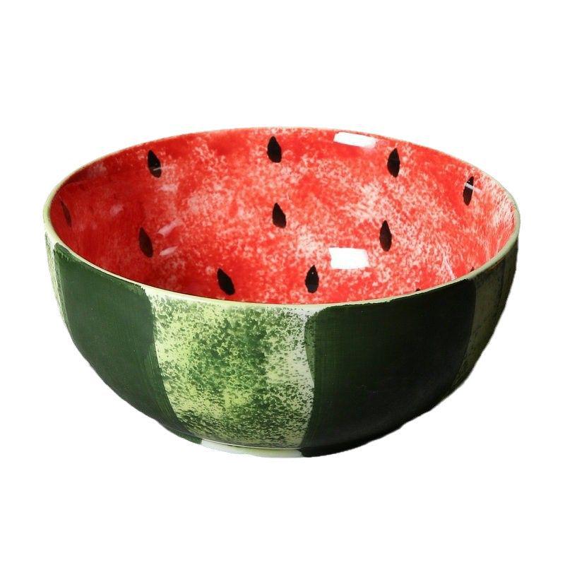 Hand-Painted Watermelon Design Ceramic Noodle Bowl with Underglaze Color and Snail Motif
