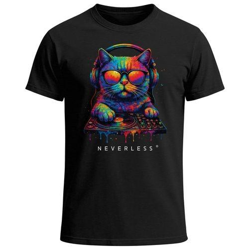 Buntes DJ-Katzen-Kopfhörer-Sonnenbrillen-T-Shirt
