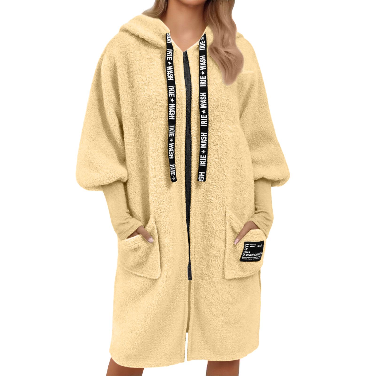 

Женское свободное повседневное теплое пальто из искусственной овчины с капюшоном на кулиске и молнии XL жёлтый