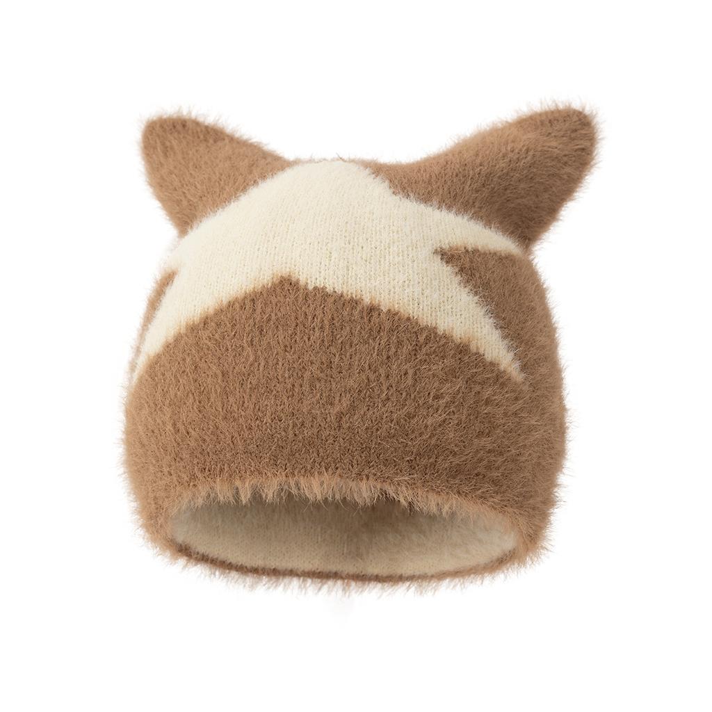 Cat Ears Bag Head Warm Windproof Cold Soft Waxy Hat Knitted Hat Winter Five-Star Hat