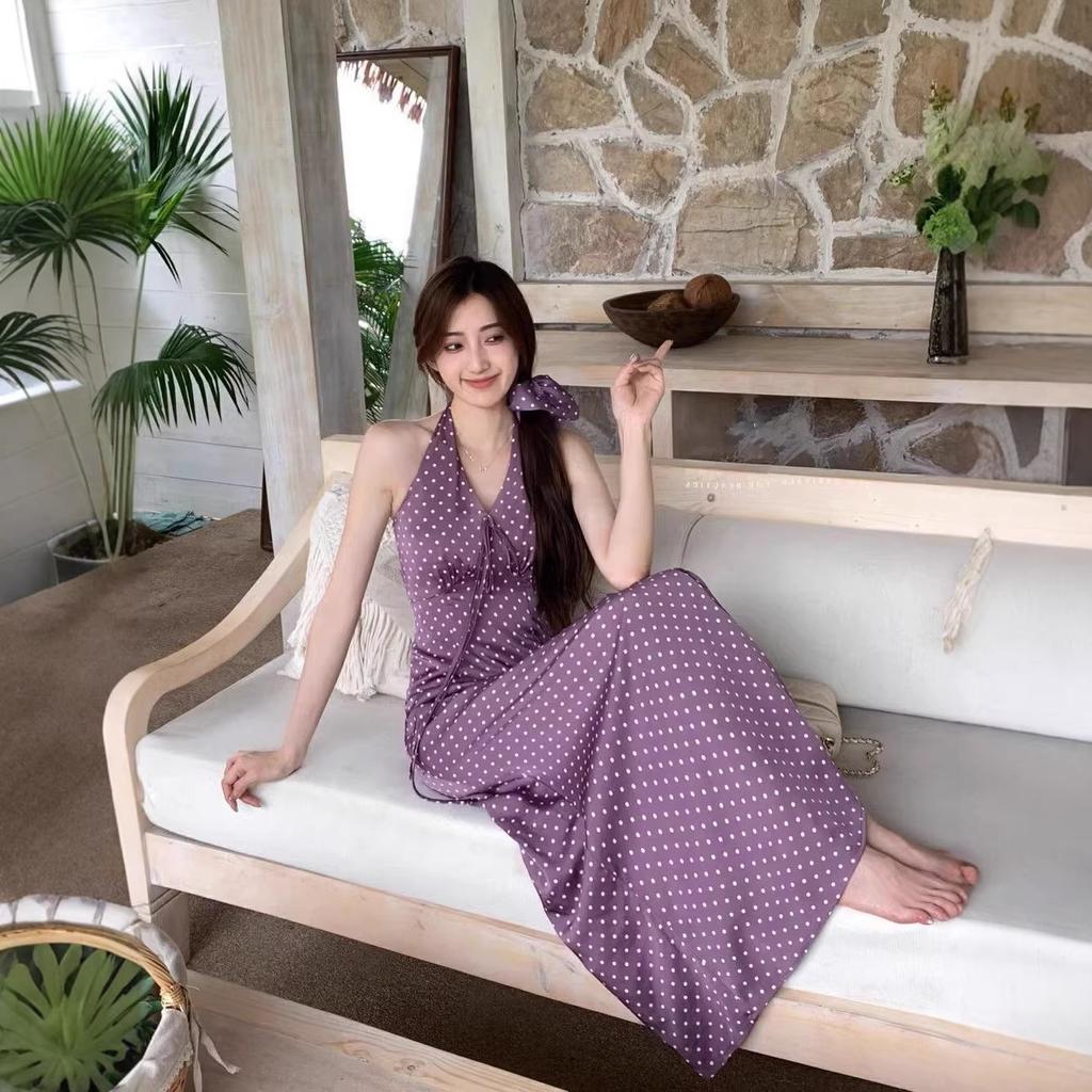 Purple polka dot neck dress women's summer French vacation style temperament v-neck waist thin a word suspender dress