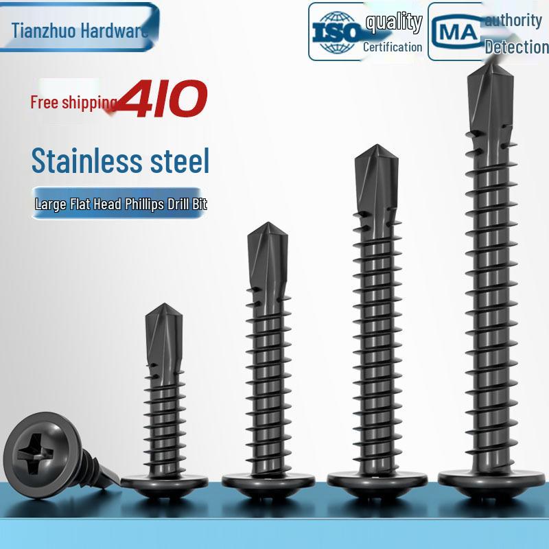 Black Phillips Flat Head Self-Tapping Screws with Washer, 410 Stainless Steel, 4.2M-4.8 Size.