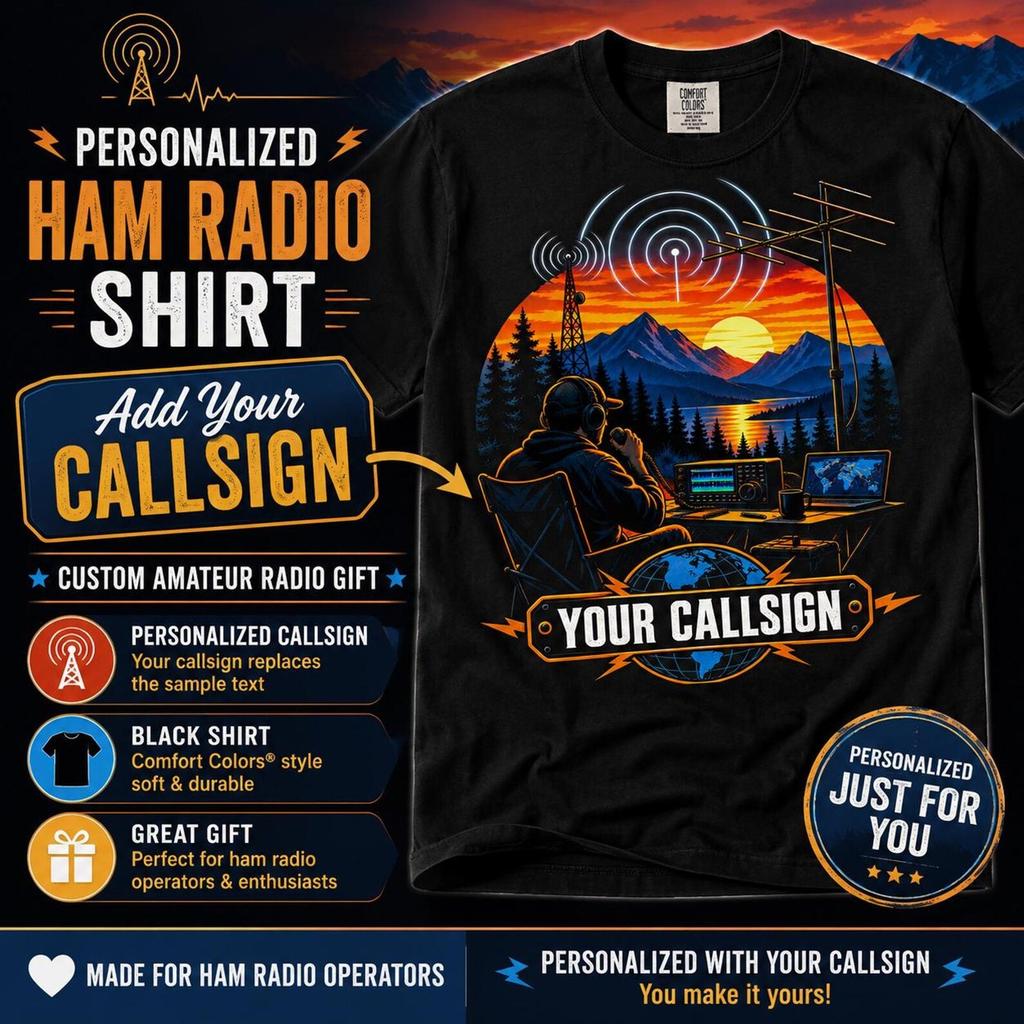 Amateur Radio Shirt, Personalized Callsign Black Sunset Design