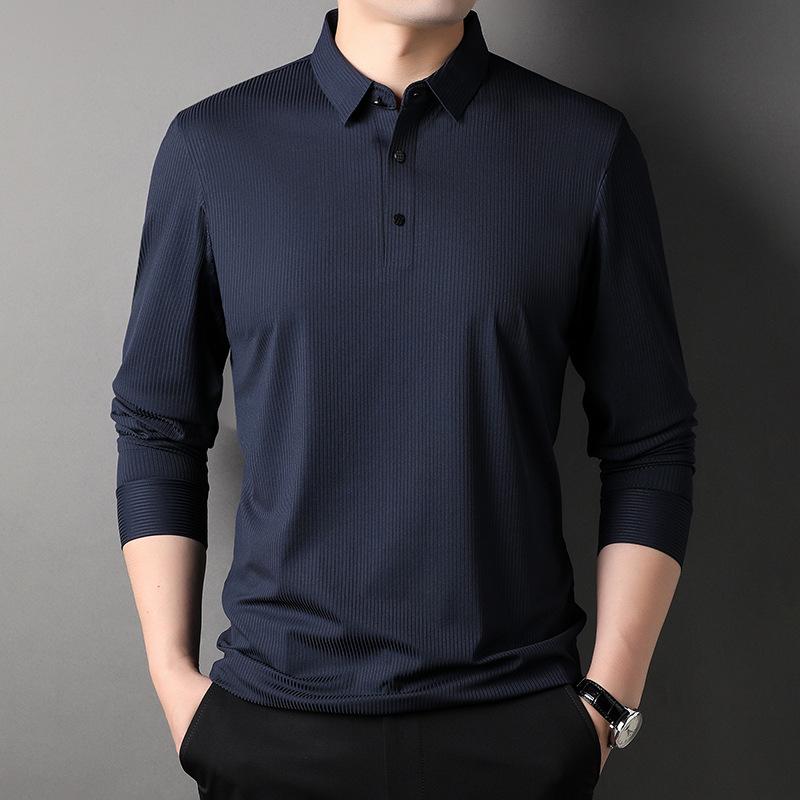 Autumn New Long-sleeved T-shirt Men's Middle-aged Casual Lapel Seamless Nylon Striped Polo Shirt