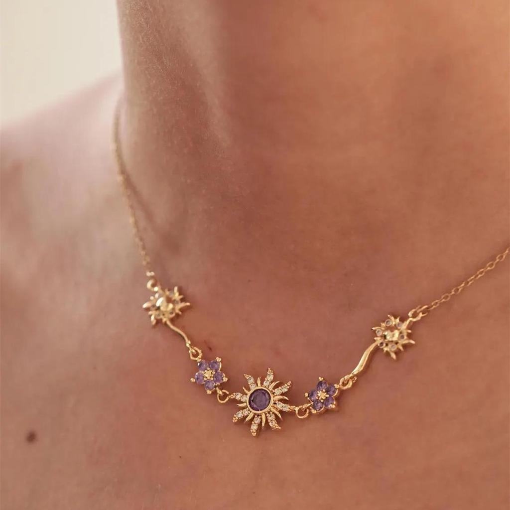 Luxury Copper-Plated Gold Purple Sunflower Necklace for Women