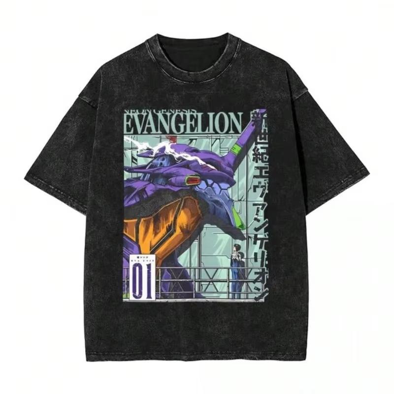 Neon Genesis Evangelion EVA Anime Printed Tshirt Mens and Womens Washed Tshirt High Quality Vintage Cotton Tshirt