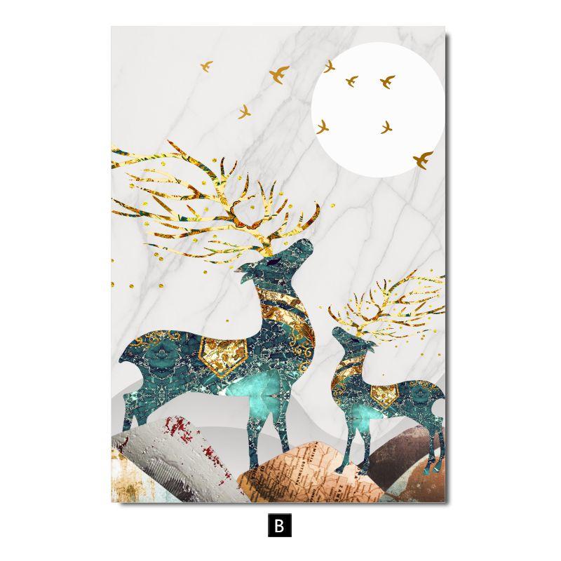 Golden Blue Leaves Bird Deer Poster Canvas Painting for Living Room Picture Home Decor Nordic Marble Abstract Wall Art Print