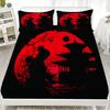 Japanese Samurai Red Moon Fitted Sheet Set Black Red Silhouette Bedding with Pillowcases For Anime Fans Bedroom Decor