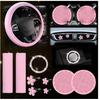 10PCS Car Accessories Set, Vehicle Steering Wheel Cover Seatbelt Protector Cup Holder Coaster Push Start Button Cover Flower Auto Air Vent Clip,