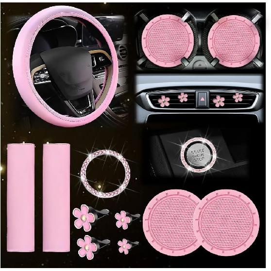 10PCS Car Accessories Set, Vehicle Steering Wheel Cover Seatbelt Protector Cup Holder Coaster Push Start Button Cover Flower Auto Air Vent Clip,