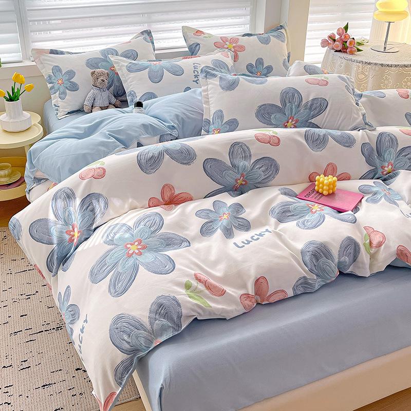 Class A Maternal Infant Grade Small Fresh Pure Cotton Abraded 4-Pcs Set, Skin-Friendly Bed Sheet Washed Cotton Quilt Cover, Dormitory 3-Piece Set