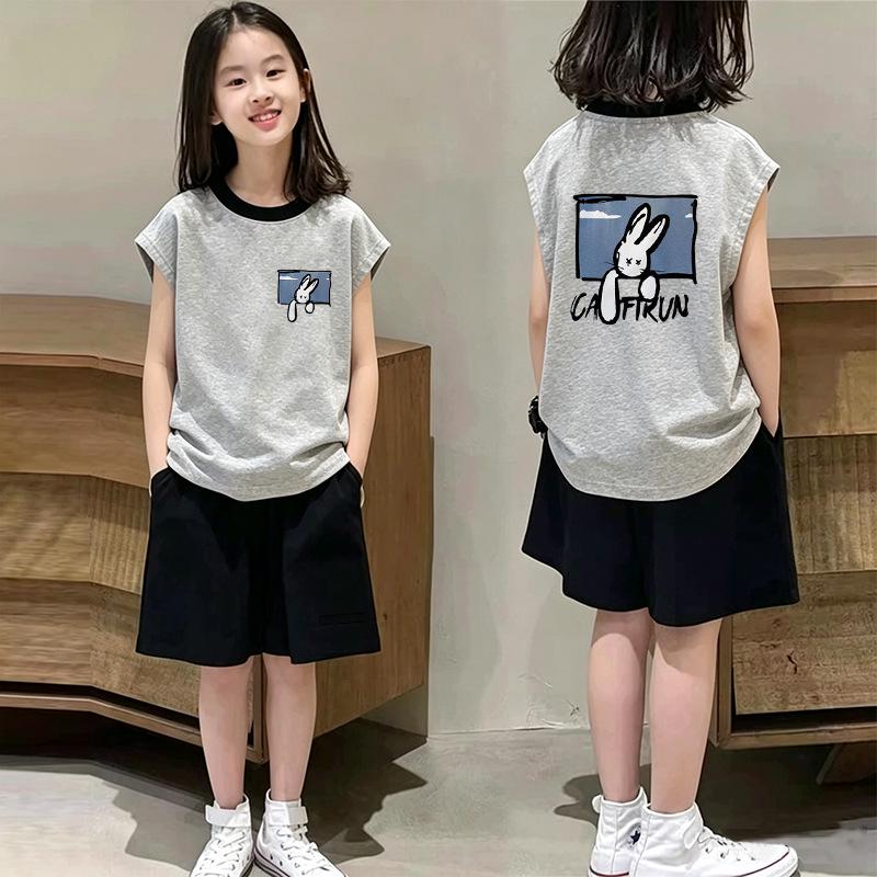 Girls' Retro Color Block Cotton Vest Set - Stylish Sleeveless T-shirt Two-Piece for Summer