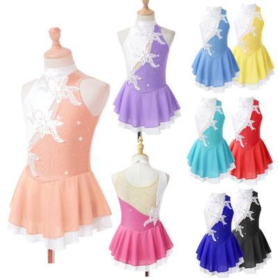 Kids Girls Stylish Dance Dress Sleeveless Sequins Floral Decor Hollow Back Dress for Skating