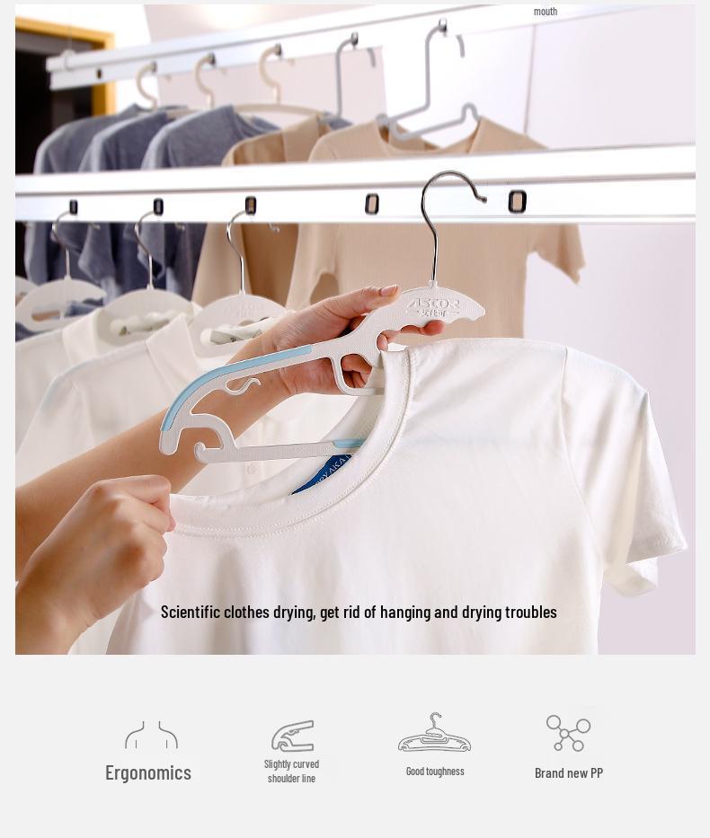 Non-slip, no-mark, reinforced plastic clothes hanger with no shoulder bumps for home use and air drying.