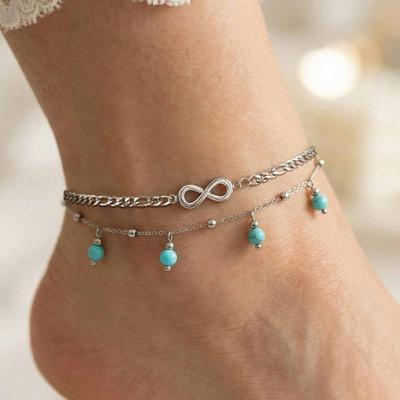 Boho Gold Plated Anklet for Women Double Layer Infinity Turquoise Beaded Foot Bracelet, Waterproof Stainless Steel Beach Jewelry