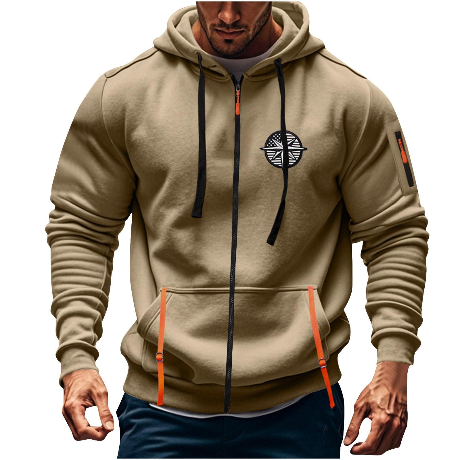 

Мужская спортивная повседневная толстовка с капюшоном, кардиган с капюшоном на молнии, многокарманное пальто с капюшоном M хаки