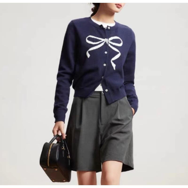 New Solid Color Sweet Age-reducing Bow Round Neck Jacquard Sweater Knitted Sweater Cardigan Jacket Women