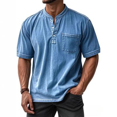Men's Light Blue Short Sleeve Henley Shirt with Chest Pocket