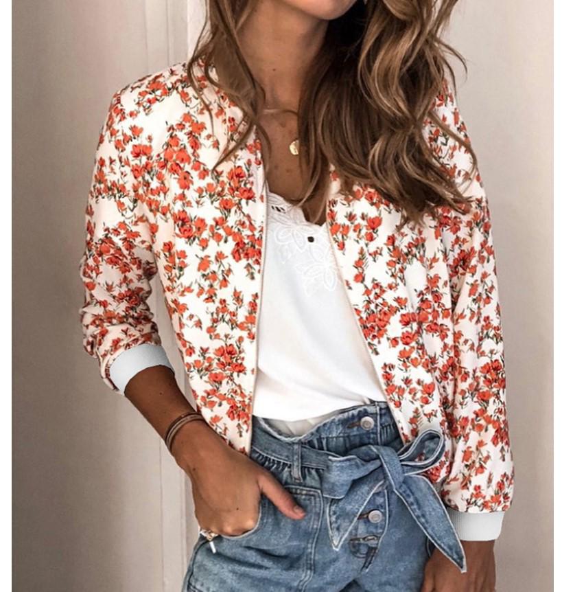 Women's Autumn/Winter Fashion Printed Round Neck Zipper Long Sleeve Jacket (2020)