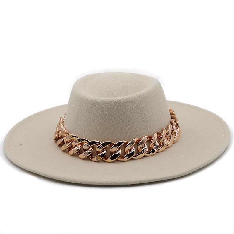 New retro ethnic style. Eaves wool woolen felt hat concave and convex top men's and women's top hats, big eaves thick gold chain hat