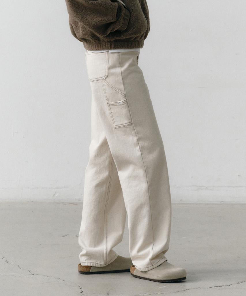 OSTKAKA [Fleece-Lined] Carpenter Wide Denim Pants Oatmeal