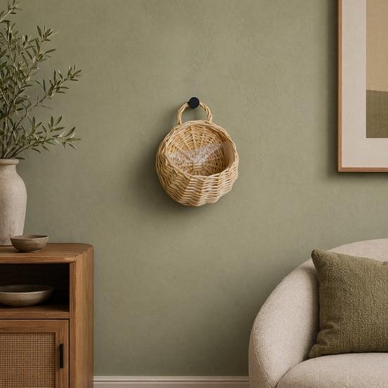 Hand-woven Wicker Basket, Hanging Flower Basket with Handle, Rustic Plant Basket Planter for Indoor Outdoor Wall Decoration