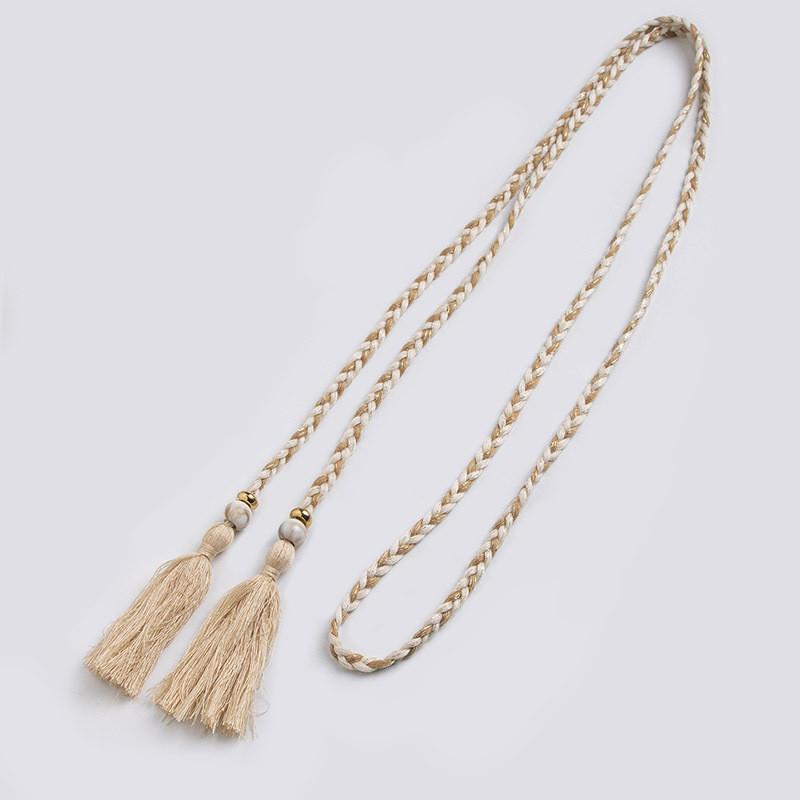Ethnic Style Cotton Linen Waist Rope With Wooden Beads And Tassels For Casual Wear