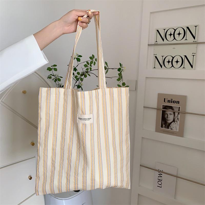 

2 New splicing striped shoulder bag large-capacity canvas bag women s work cloth bag student schoolbag