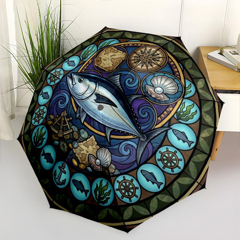Marine Adventure Symbols Pattern Umbrella, Portable and Foldable Design, 8 Ribs, a Casual Accessory for Halloween, Christmas, and Birthday Gifts.