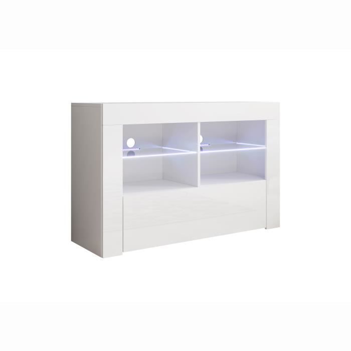 Meuble TV de salon avec LED | Blanc brillant | 1 Porte avec 6 Compartiments | 100 x 65 x 35cm | Modèle Lilian