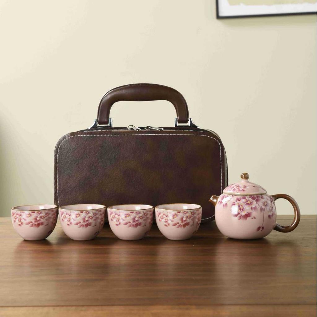 Ru Kiln Travel Tea Set One Pot Four Cups Retro Kung Fu Tea Set Ceramic Teapot Tea Cup Portable Outdoor Teaware Sets Leather Bag