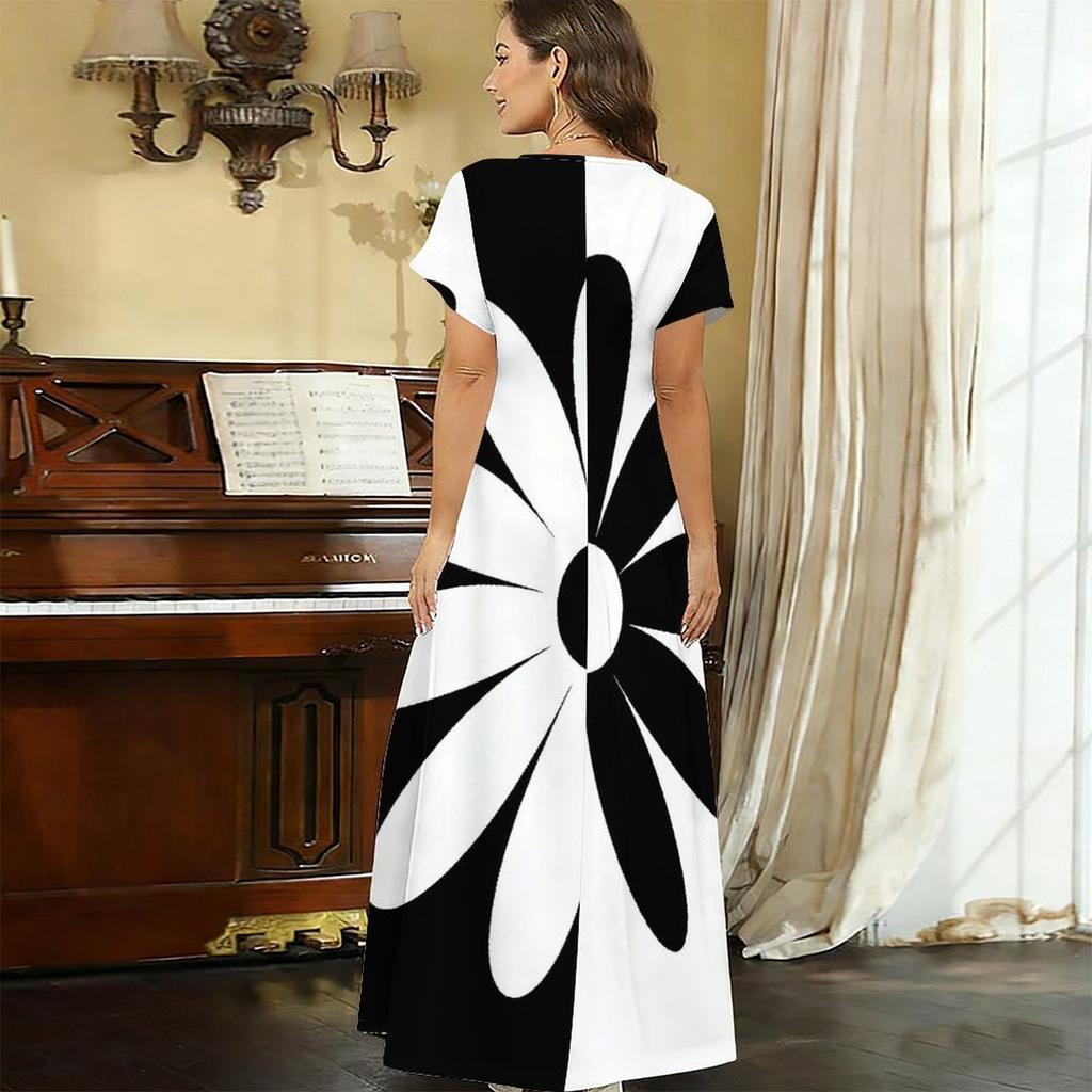 Women Plus Size V Neck Short Sleeve Black White Printed Straight Long Dress