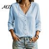 Early Autumn Women Shirt V-Neck Long Sleeves Shirt, Solid Color Button Front Cotton Casual Linen Blouse, Breathable Loose Fit Top for Daily