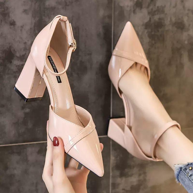 French Small High Heels Women's Thick Heels Pointed Sexy 2025 One-word Buckle Hollow Autumn Fairy Shoes