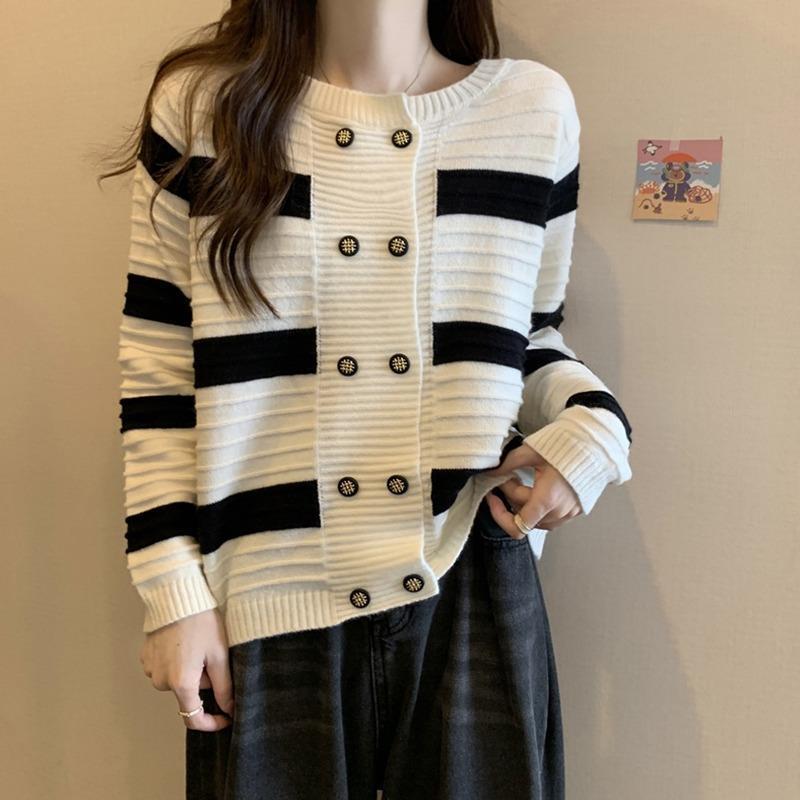 

Осень новый вязаный кардиган милый черно-белый полосатый ленивый топ с длинным рукавом женский свитер one size fits all белый