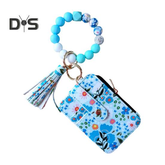 Damen-Geldbörse mit Blumenmuster, Boho-Stil, Münzbörse, Schlüsselanhänger mit Quaste, elastischer Armband-Geldbörse mit Perlen und Sichtfenster für Ausweise, zum Einkaufen, Reisen, Alltag