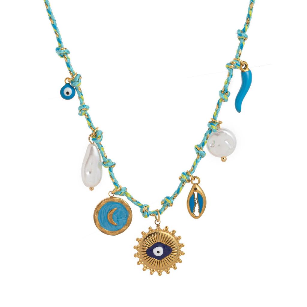Personalized DIY Knot Rope Chain Lotus Feather Pendant Necklace with Color Retention Sun Wheel