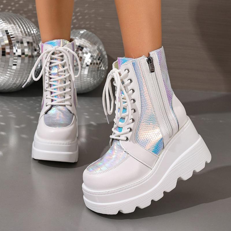 Fashion Inside Booties Autumn New Round Toe Lace-Up Front Side Zipper Platform Anti-Slip Wear-Resistant Wedge Shoes