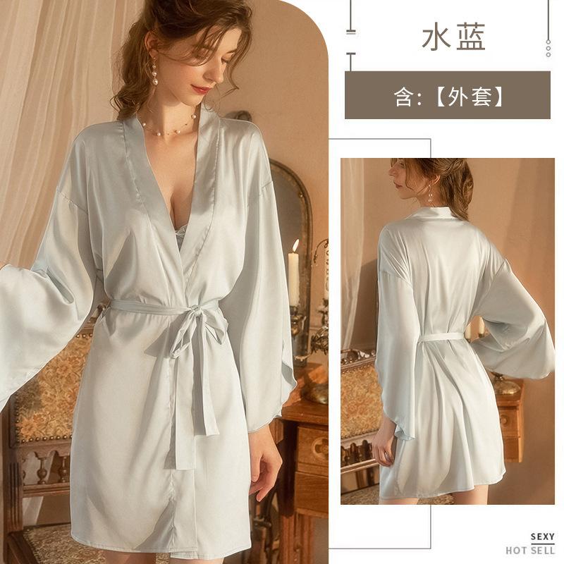 Meilikou's simulated silk high-end home nightgown, ice-feeling silky smooth solid-color morning gown, and wear a nightgown outside.