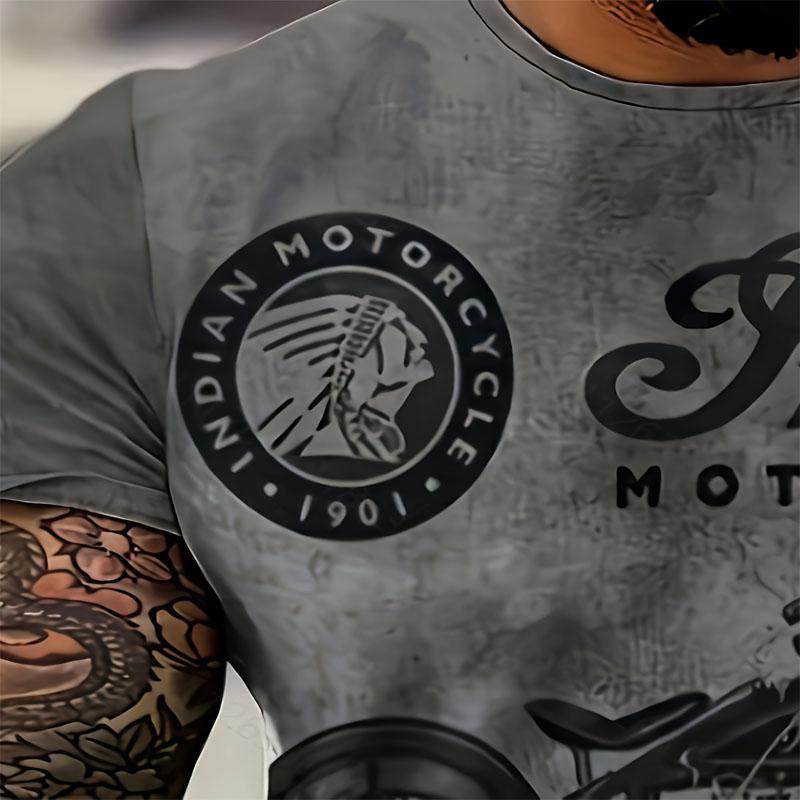Men's Classic Manga Style Motorcycle Pattern and Letter Print Round Neck Short Sleeved T-shirt Casual and Chic Top Suitable for Outdoor Wear In Summer