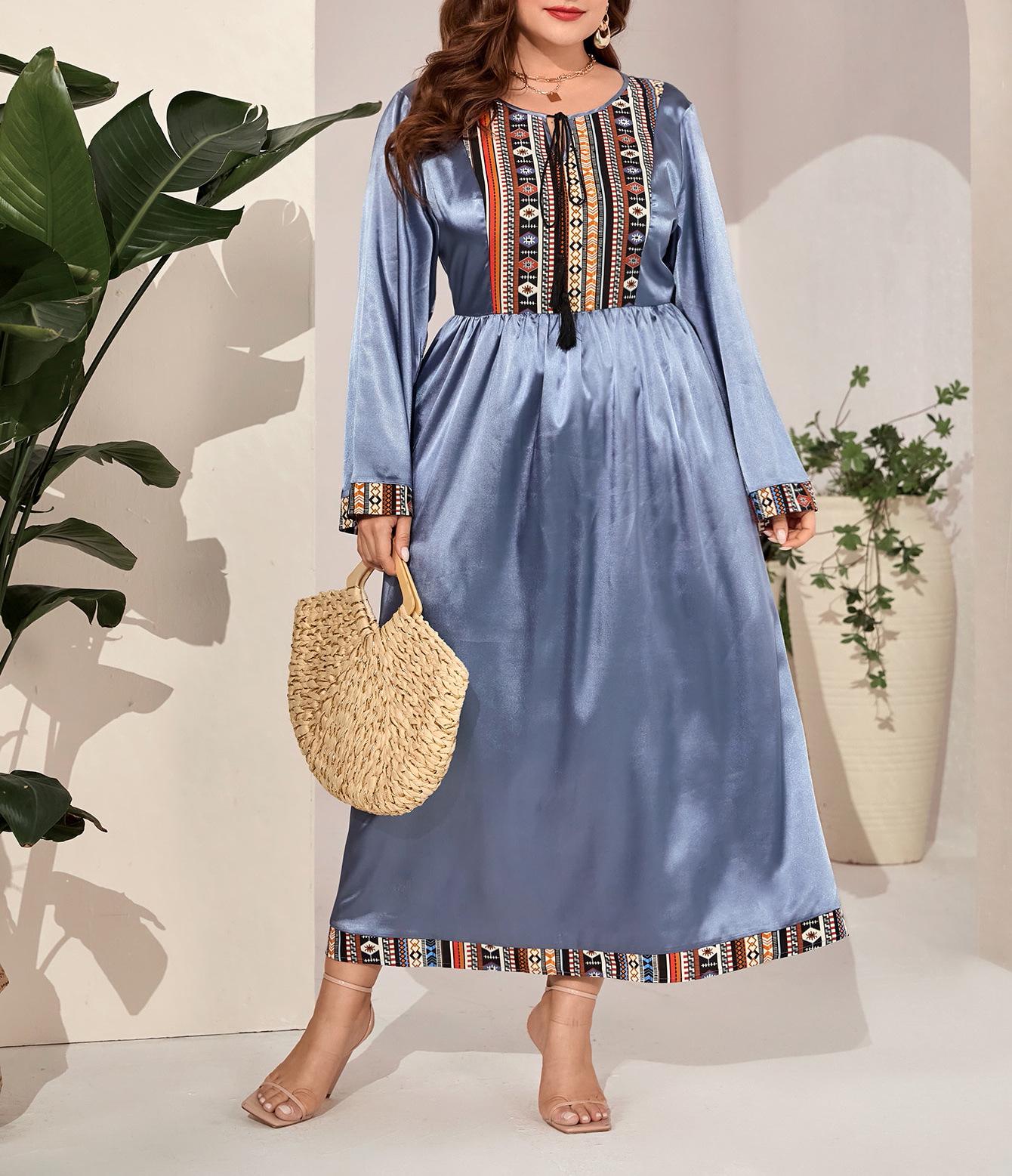Spring & Autumn Plus Size Women s Retro Printed Long Sleeve Maxi Dress 2XL