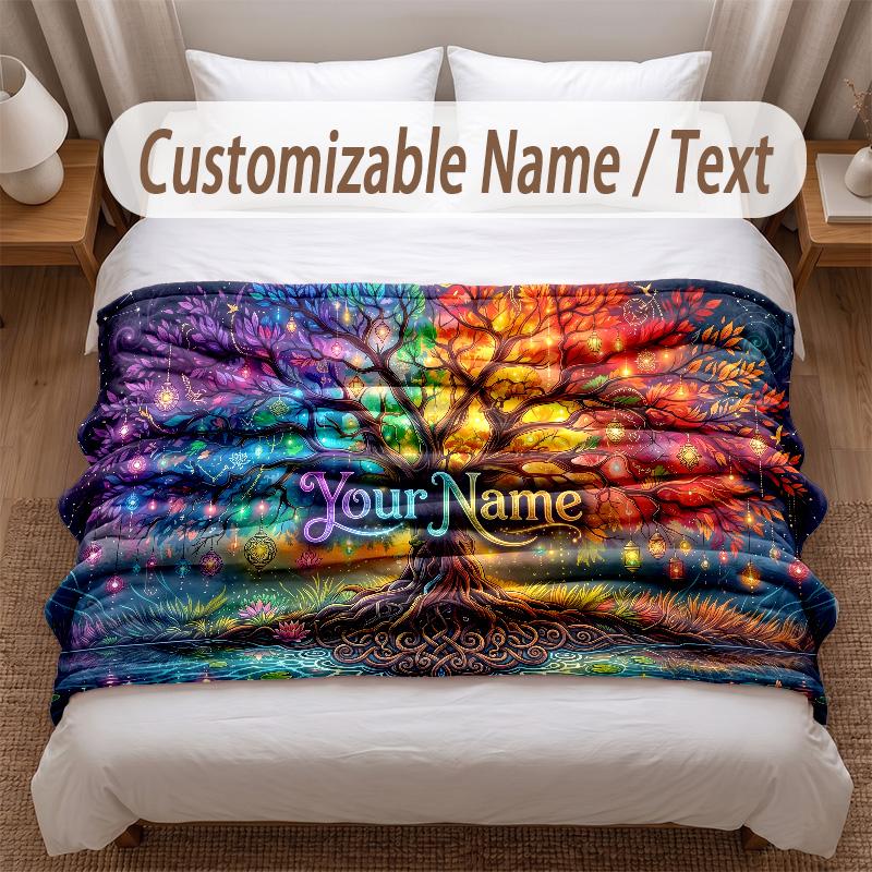 Tree of Life Theme Soft Blanket Personalized Custom Name Text Print Warm Blanket Home Sofa Bedroom Decor