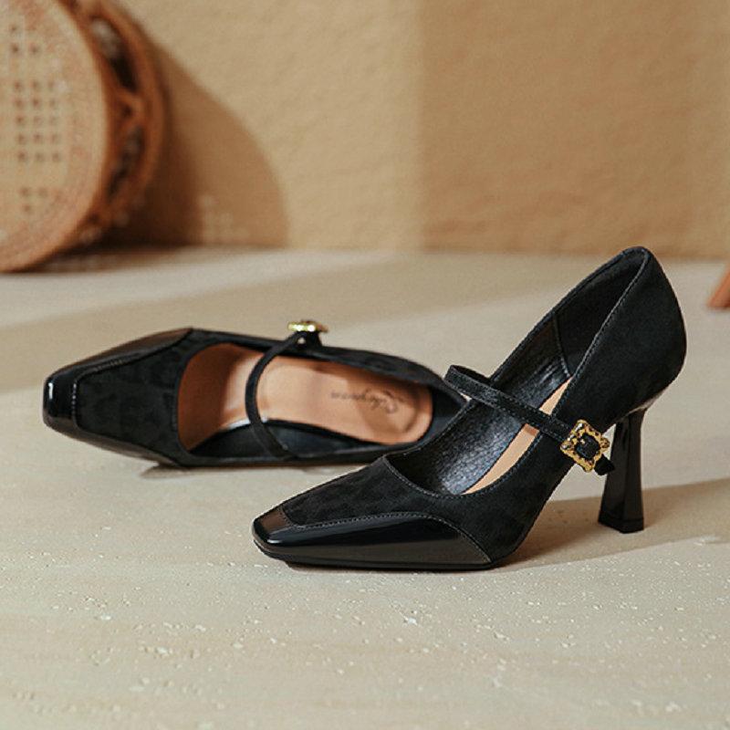 

Модные французские туфли Мэри Джейн на красных шпильках с сексуальным 9-сантиметровым каблуком, новинка 2025 года, лоскутная обувь на квадратном каблуке с леопардовым принтом 34 чёрный