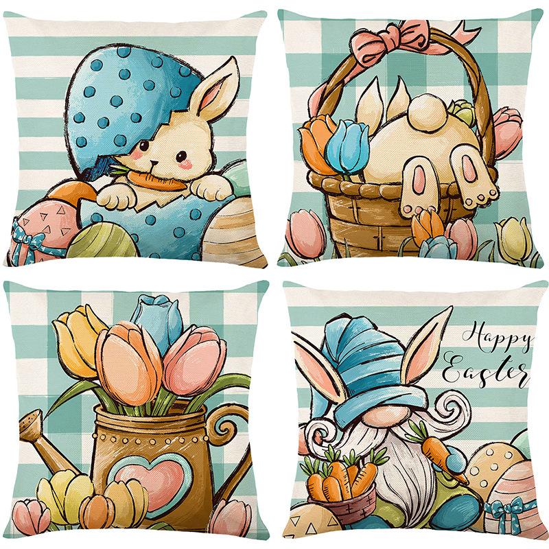 

Easter Linen Pillowcase Blue Plaid Rabbit Flowers Easter Egg Print Spring Sofa Pillowcase 45 * 45Cm without pillow core