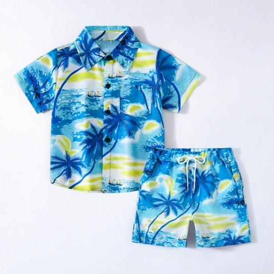 Toddler Boy Hawaiian Outfit Set Sunset Palm Leaves Shirt Shorts Kids Seaside