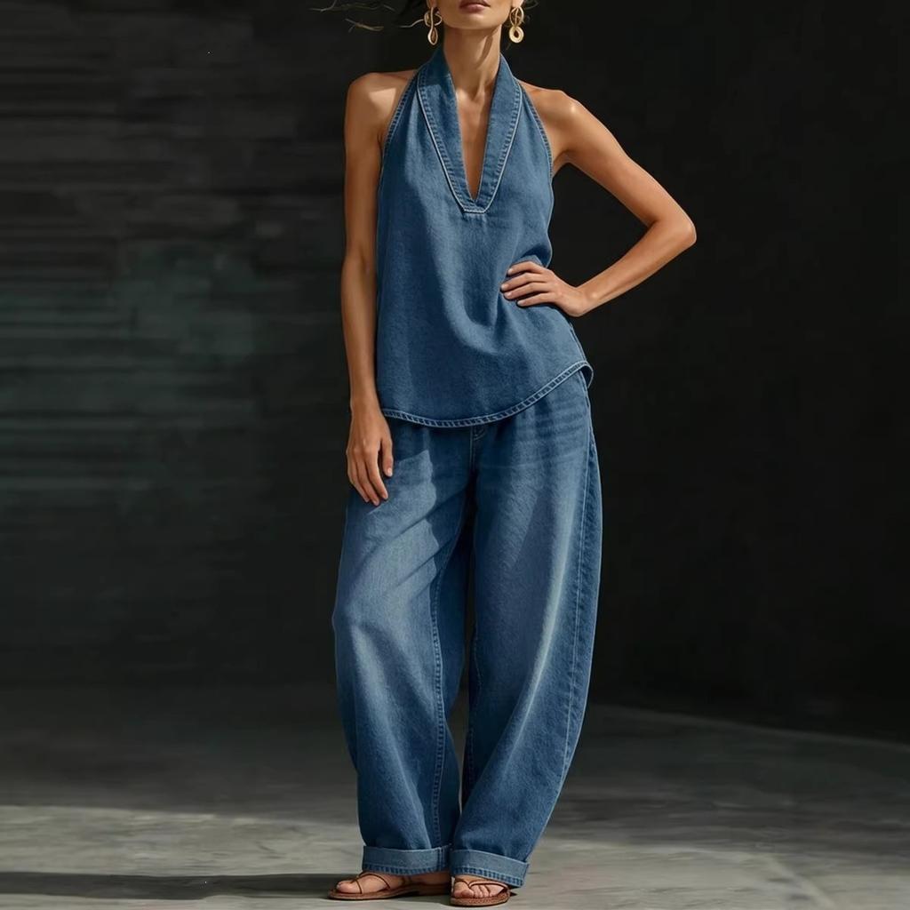 Retro American Wear Personalized Imitation Denim Top Loose Wide-leg Jeans Women's European and American Style Two-piece Set