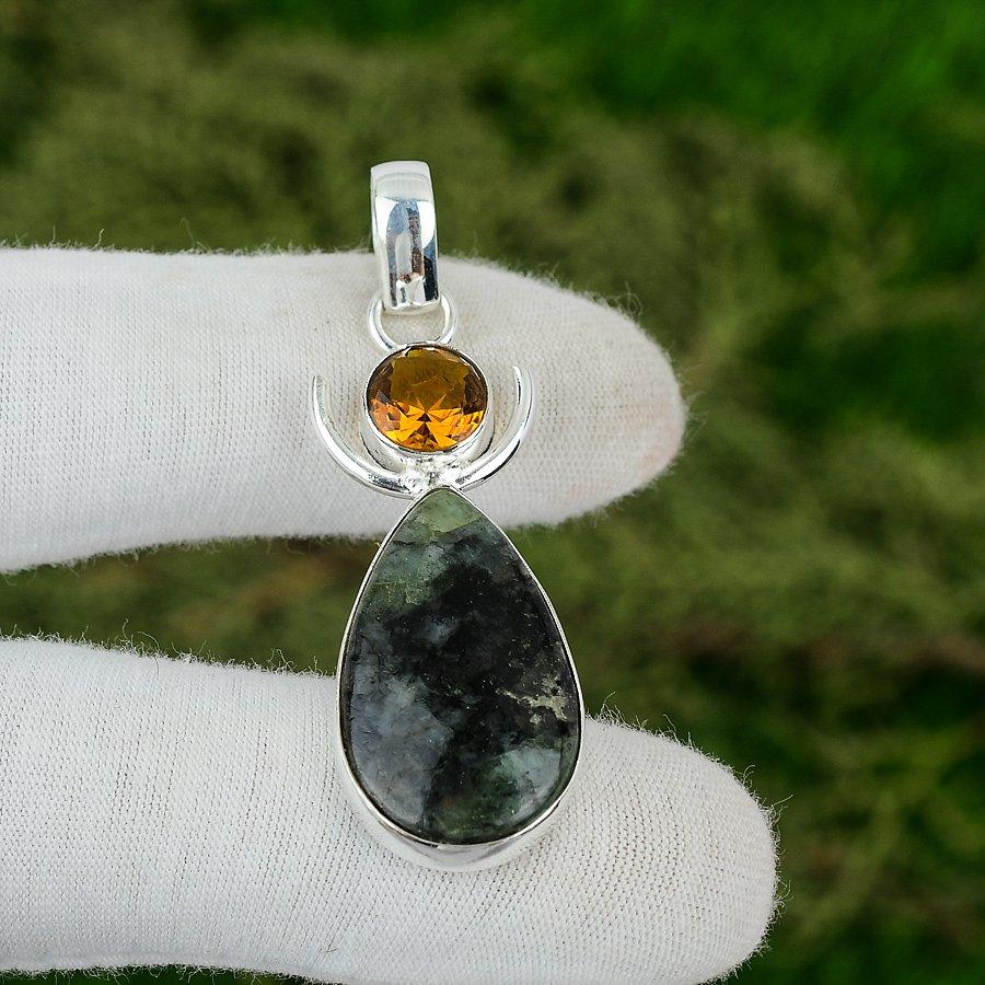

Pear Moss Prehnite Stone Citrine Bezel Boho Pendant Jewelry 925 Sterling Silver