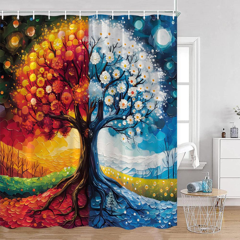 

Seasons Tree Oil Painting Shower Curtains Fantasy Tree Forest Colorful Watercolor Leaves Bathroom Curtain Polyester Bath Decor 90x180cm-35x70in
