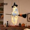 Playful Ghost Face Decoration Halloween Hanging Outdoor Decoration, Spooky LED Light Up Witch Warm Yellow Decor on Broom for Home, Tree, Porch, Patio,