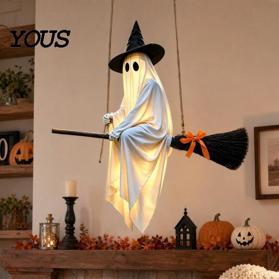 Playful Ghost Face Decoration Halloween Hanging Outdoor Decoration, Spooky LED Light Up Witch Warm Yellow Decor on Broom for Home, Tree, Porch, Patio,